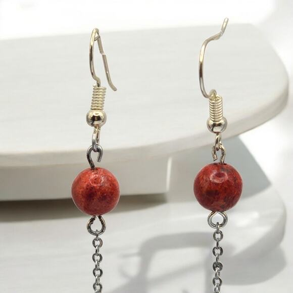 Artisan Shoulders Dusters Earrings Pierced Silver Tone Red Stone Like Beads - Picture 3 of 6